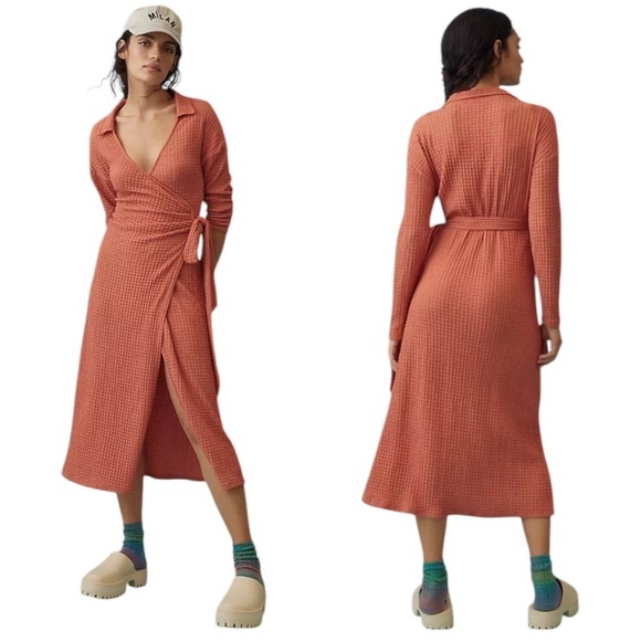 Anthropologie Waffle Wrap Midi Dress Orange Women’s Size XXS - Picture 2 of 11